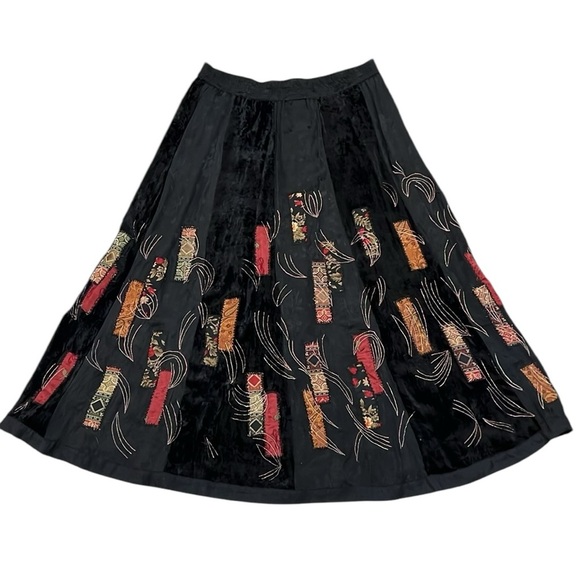 Black Velvet Patchwork Maxi Skirt Boho Indy Forest Fairy Coldwater Creek Large - Picture 2 of 13